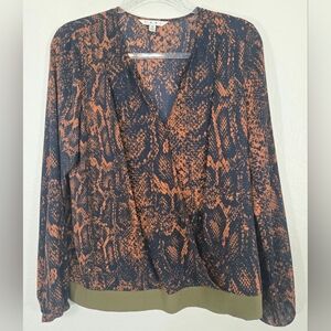 *NWOT* CAbi Border Wrap Snake Print Blouse Navy/Rust w/Olive Green Trim, M
